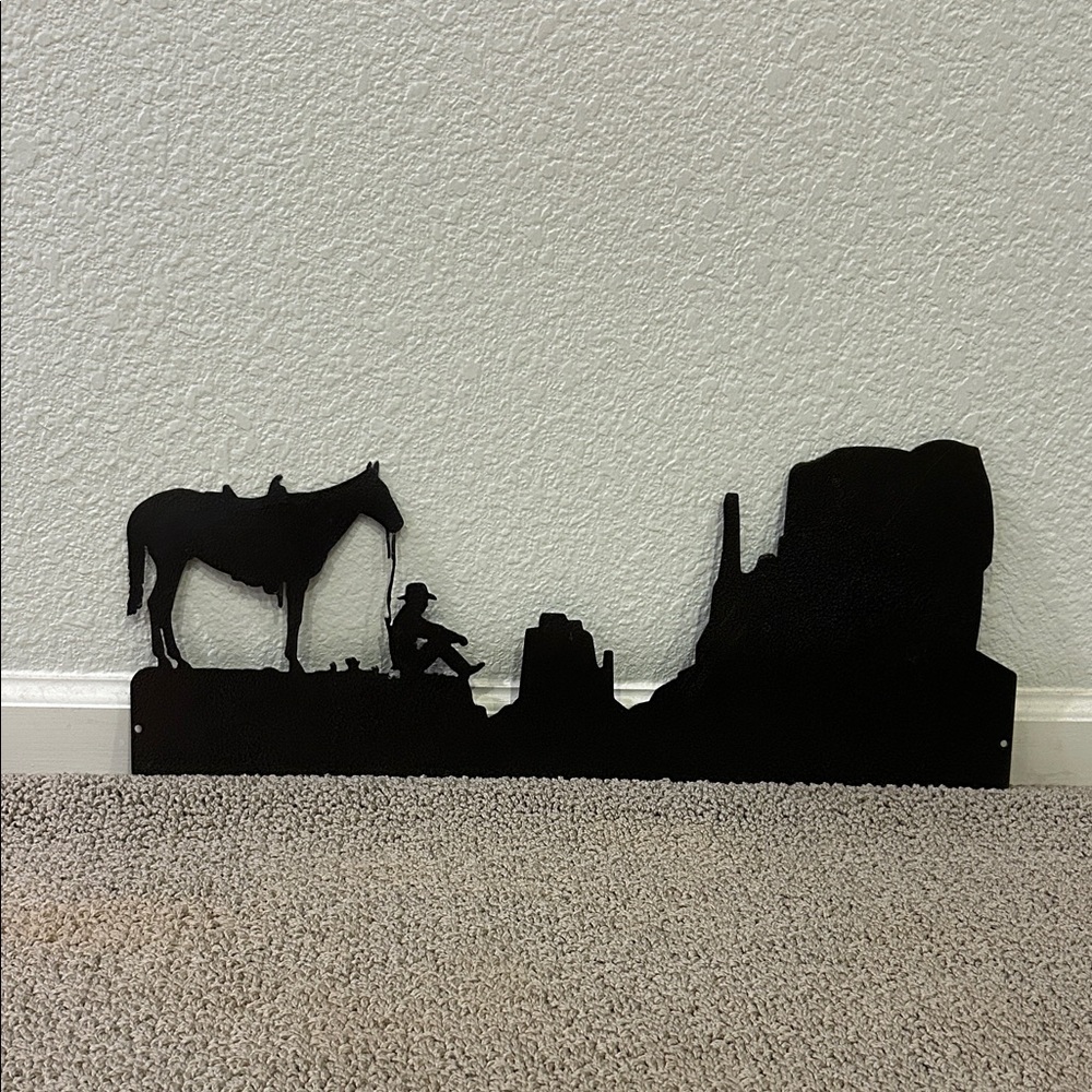 Dark Brown Metal Cowboy and Horse Silhouette Decor